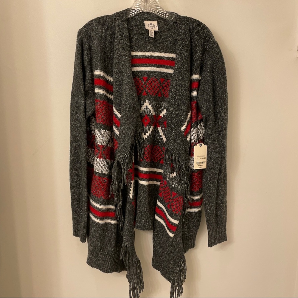 St Johns Bay Cardigan Sweater Gray  Red White Aztec Open Front, Fringe ,XL, NWT - Picture 9 of 12